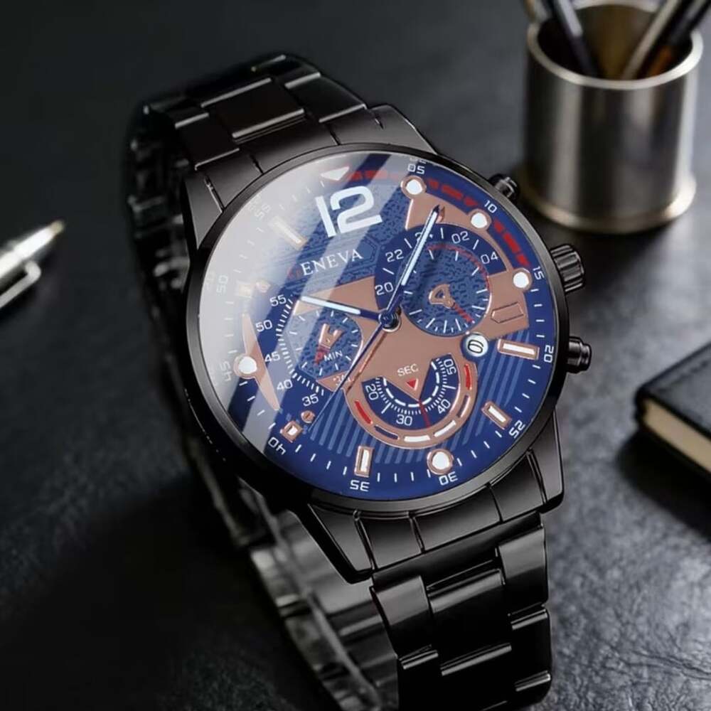 Geneva Men's Luxury Quartz Watch Black And Blue Dial